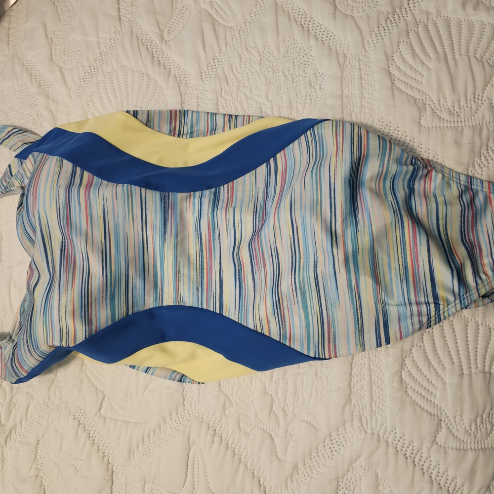 Lands' End Blue and Yellow One Piece Swimwear with Athletic Cut - Picture 2 of 4